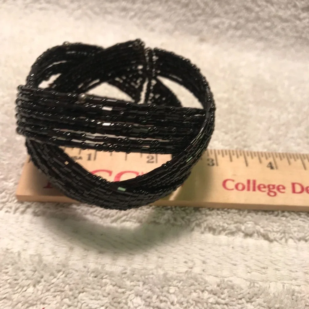 Handmade Black Beaded Bracelet - Stretchy Cuff With Intricate Design‎